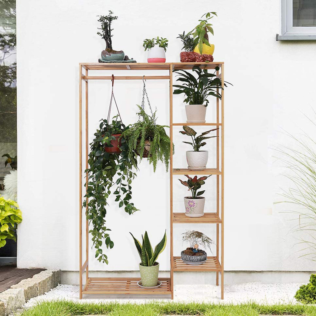 Bamboo Garment Rack Freestanding Closet Heavy Duty Clothes Rod Storage Organizer