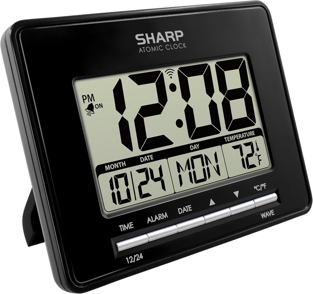 Sharp Atomic Desktop Clock - Auto Set Digital Alarm Clock Atomic Accuracy, Black