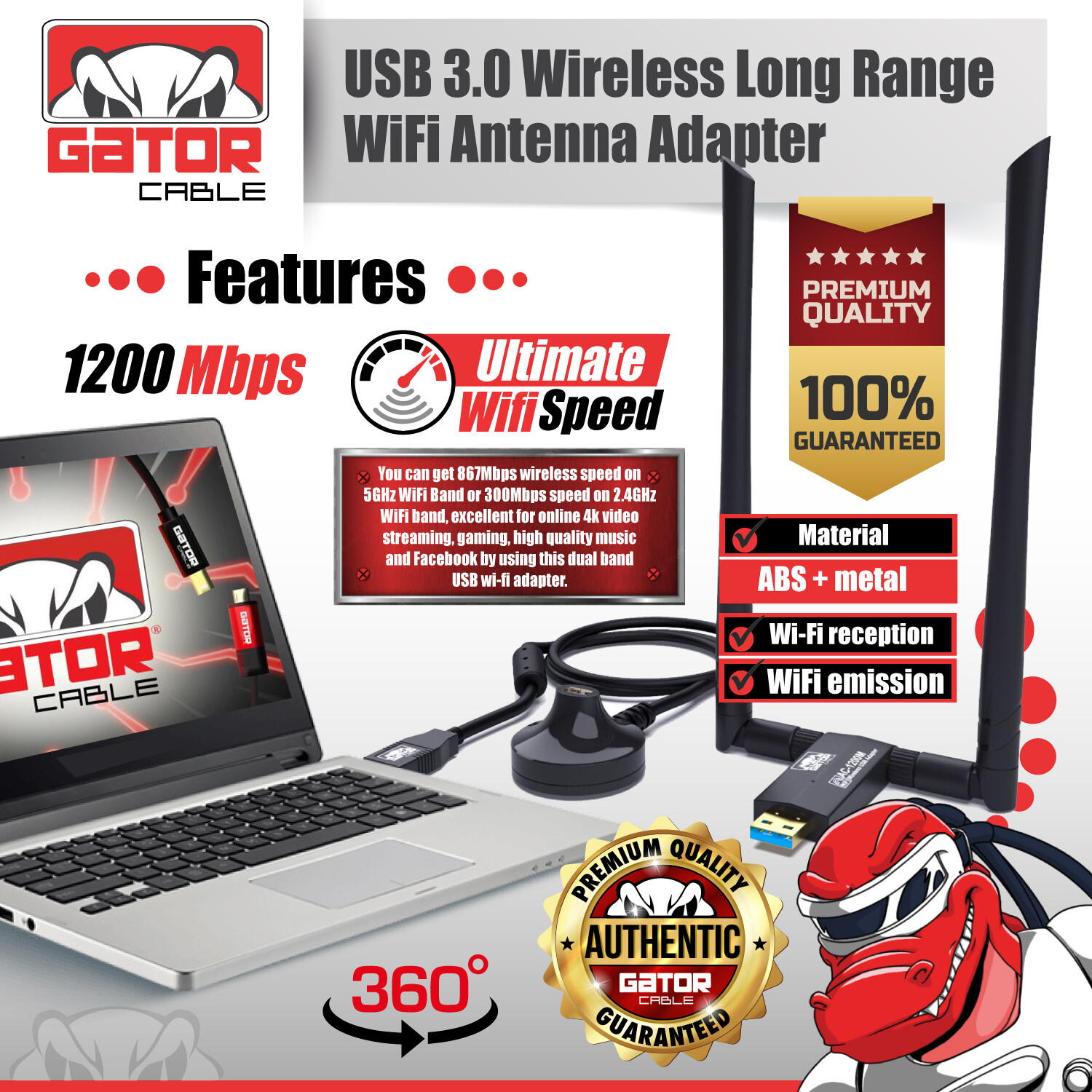 WiFi Wireless Antenna USB 3.0 Adapter Long Range 1200Mbps Dual Band 5GHz 2.4GHz