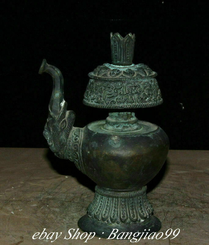 8" Marked Old China Bronze Dynasty Palace Dragon Beast Handle Kettle Pot Flask