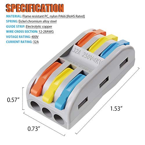 Wire Connectors Nuts, 25Pcs 3 Conductor Compact Splicing Wire SPL3-25Pcs