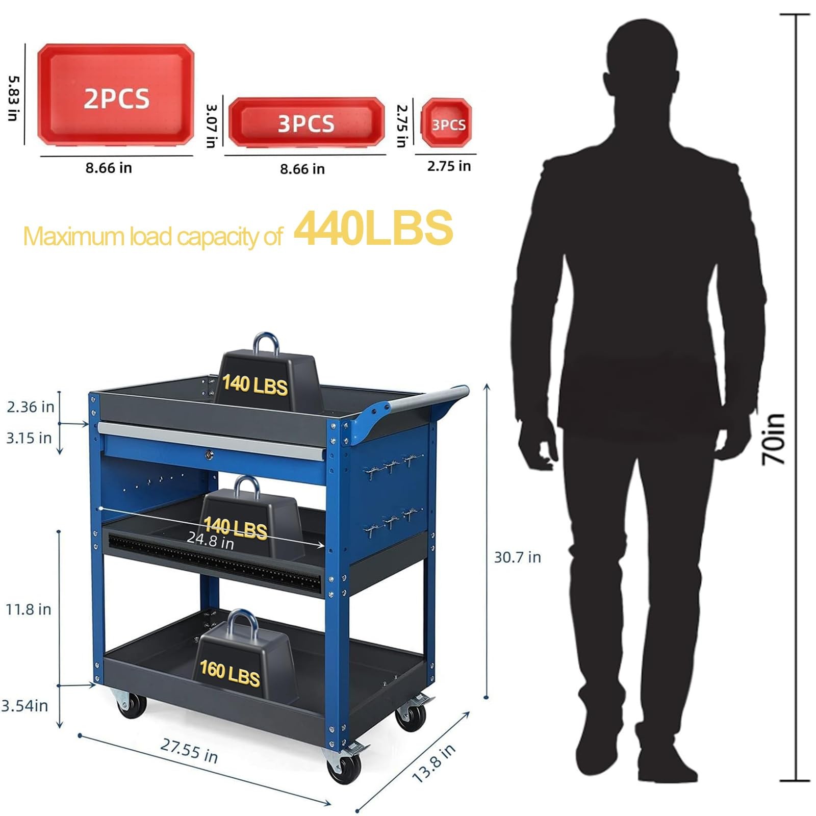 Heavy Duty 3 Tier Rolling Tool Cart,440LBS Mechanic Tool Cart with Drawers