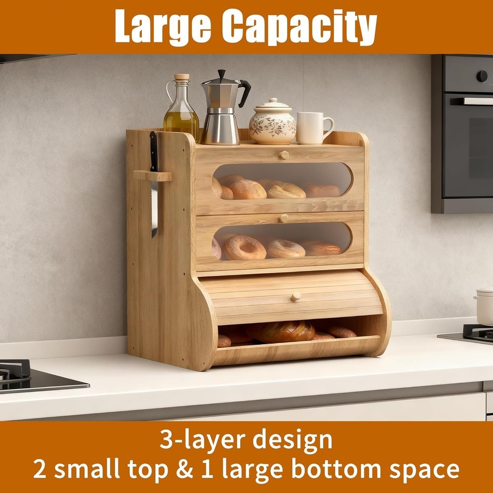 Bread Box for Kitchen Countertop, 3 Tier Large Capacity Breadbox, with Window, C