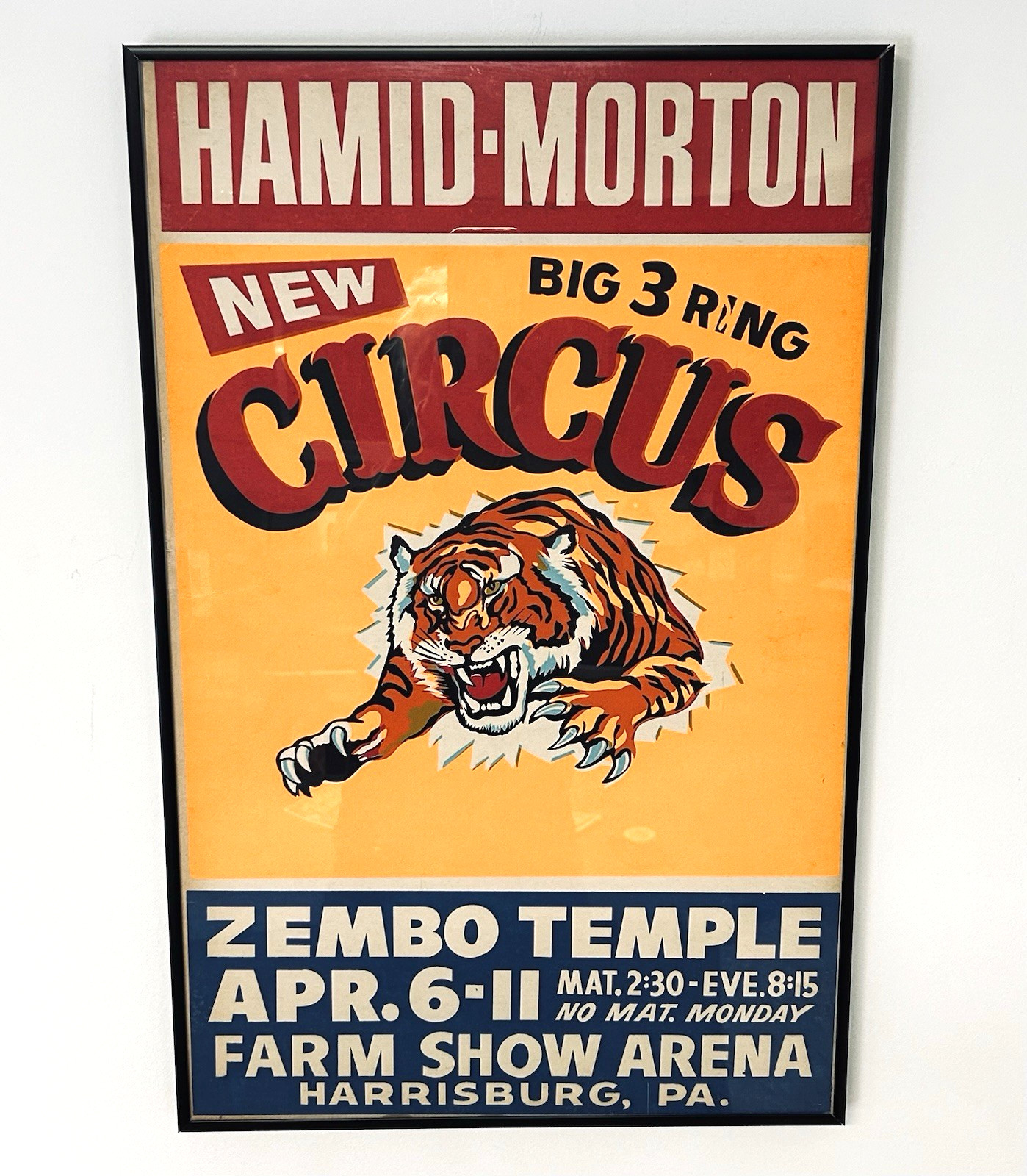 Vtg Hamid Morton Circus Poster Harrisburg PA Zembo Temple 1950s Americana Tiger