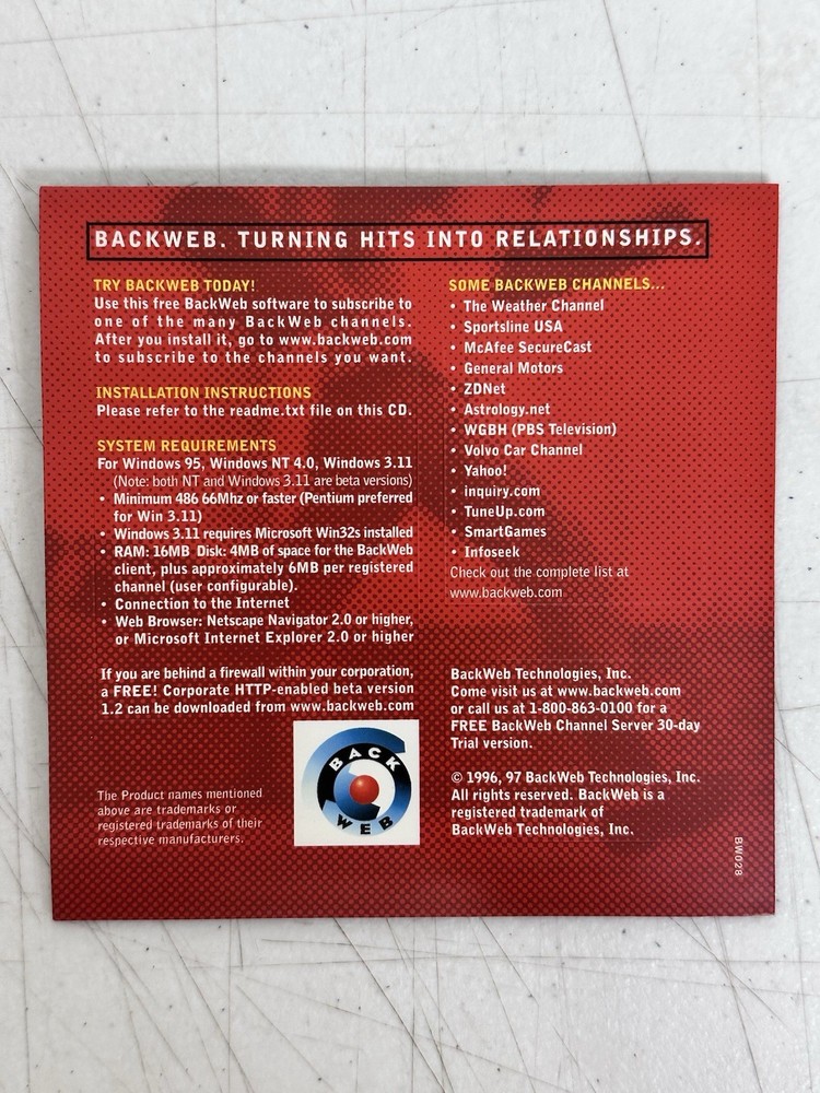 RARE Vtg 1996/97 BackWeb Technologies CD-ROM Push Tech Internet Client Win95 NT