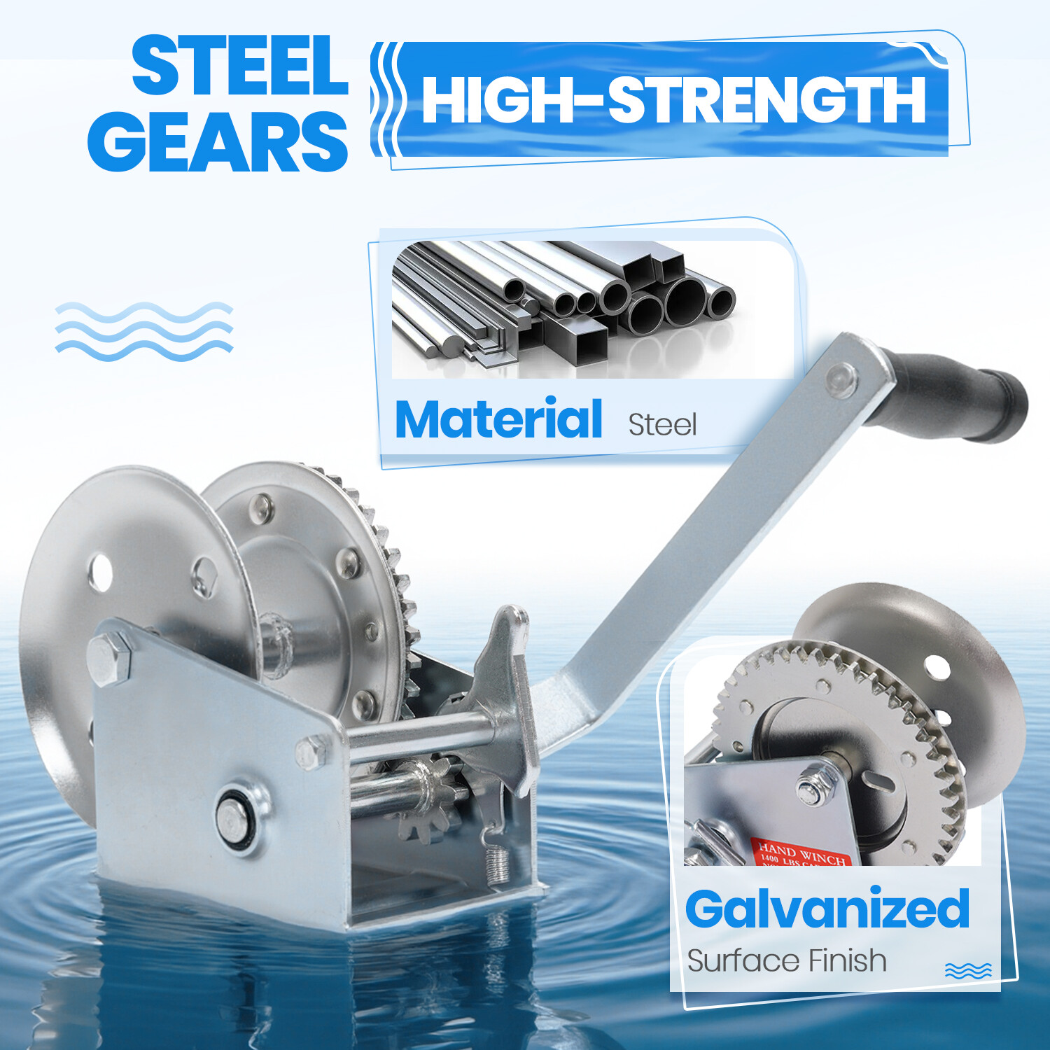 Steel Hand-Crank Marine Winch w/ Ratchet for Boat Trailer 1400LBS Universal ATV
