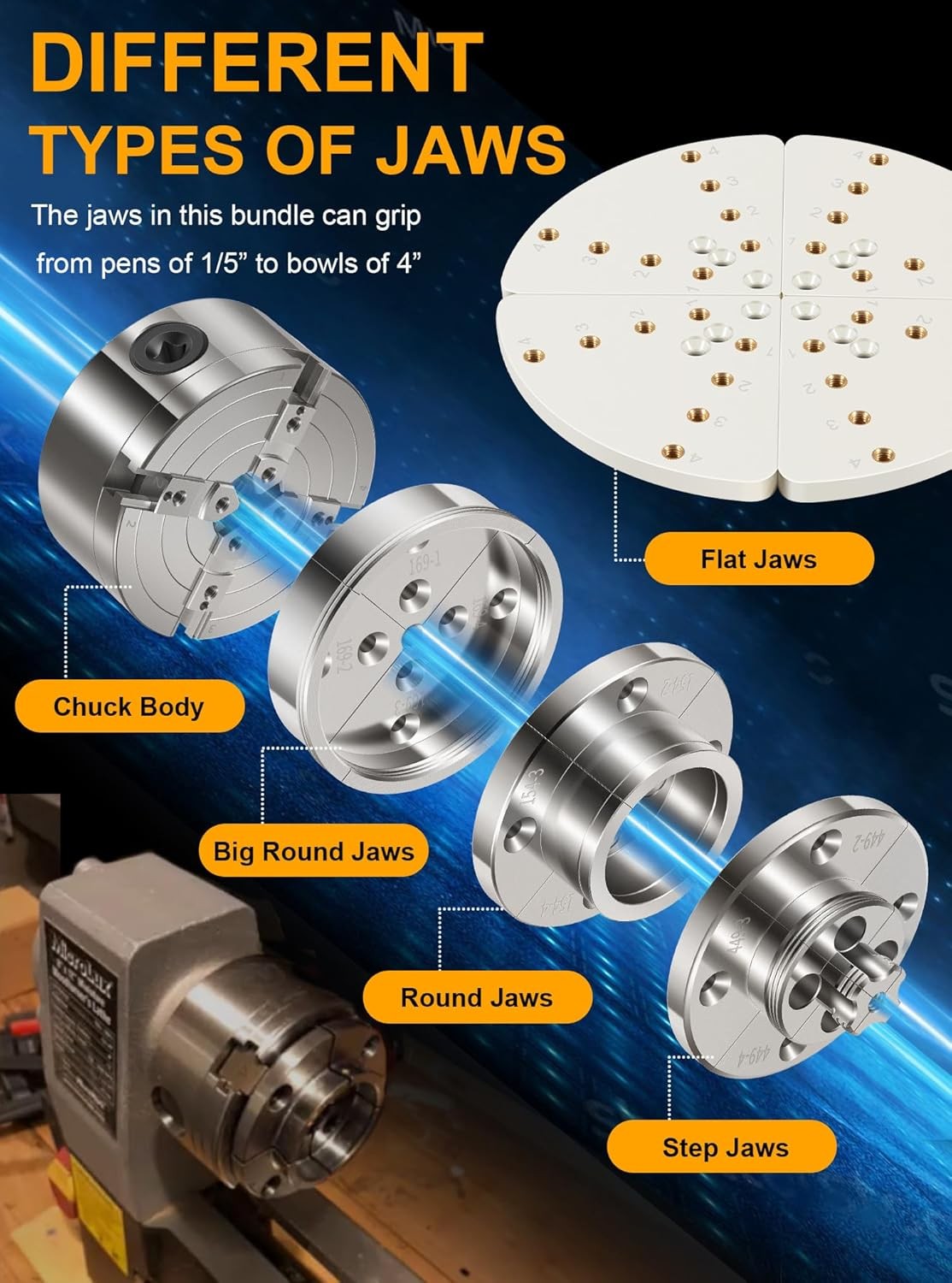 For Nova 1" x 8 TPI Thread 4-Inch Self-Centering 4 Jaw Wood Lathe Chuck Set