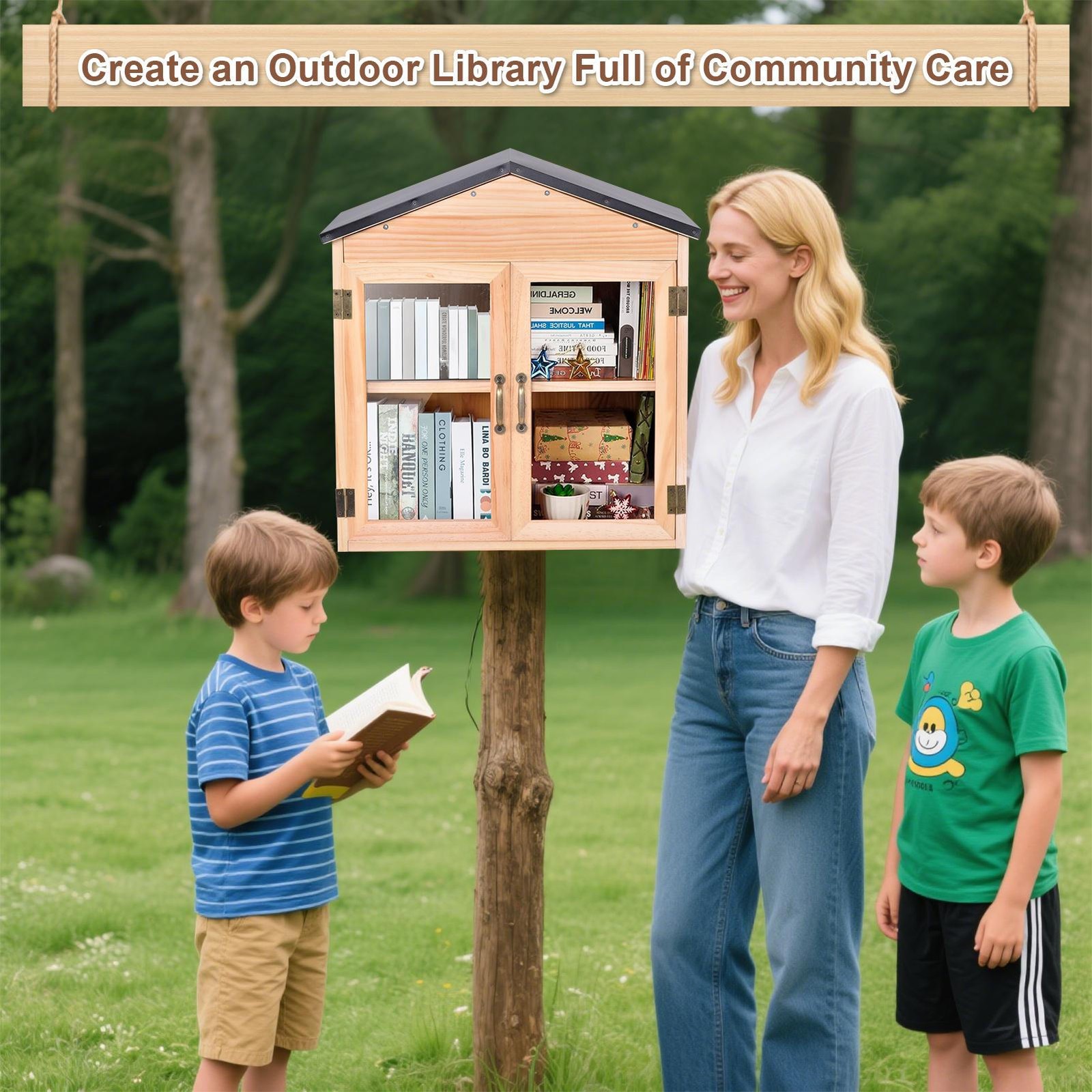 Outdoor Library Outdoor Book Box Storage Wooden Cabinet Little Literature Box