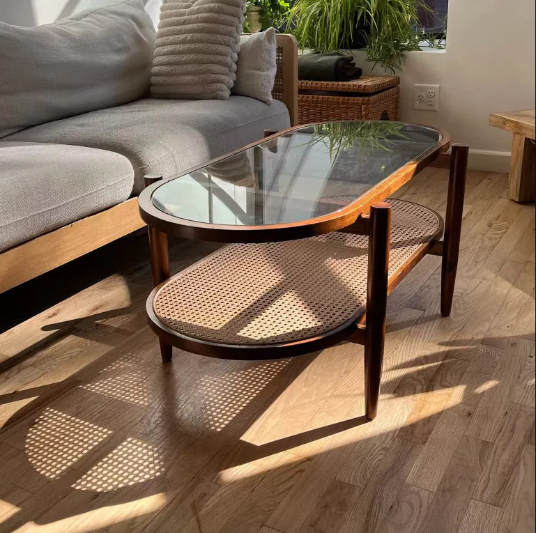Mid-Century Modern Rattan Glass Coffee Table Oval Two-Tier Solid Wood Frame