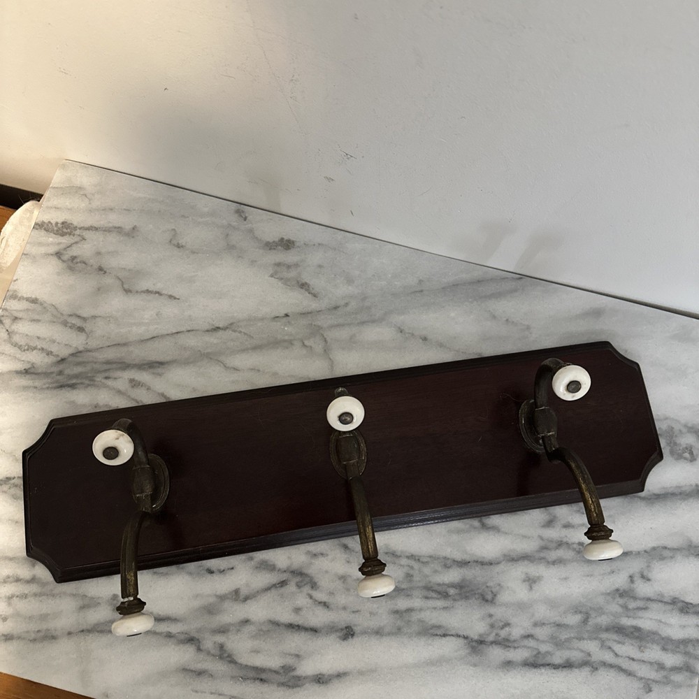 VTG Large Antique Solid Wood Wall Coat Hang Three Brass Hooks Porcelain Knobs