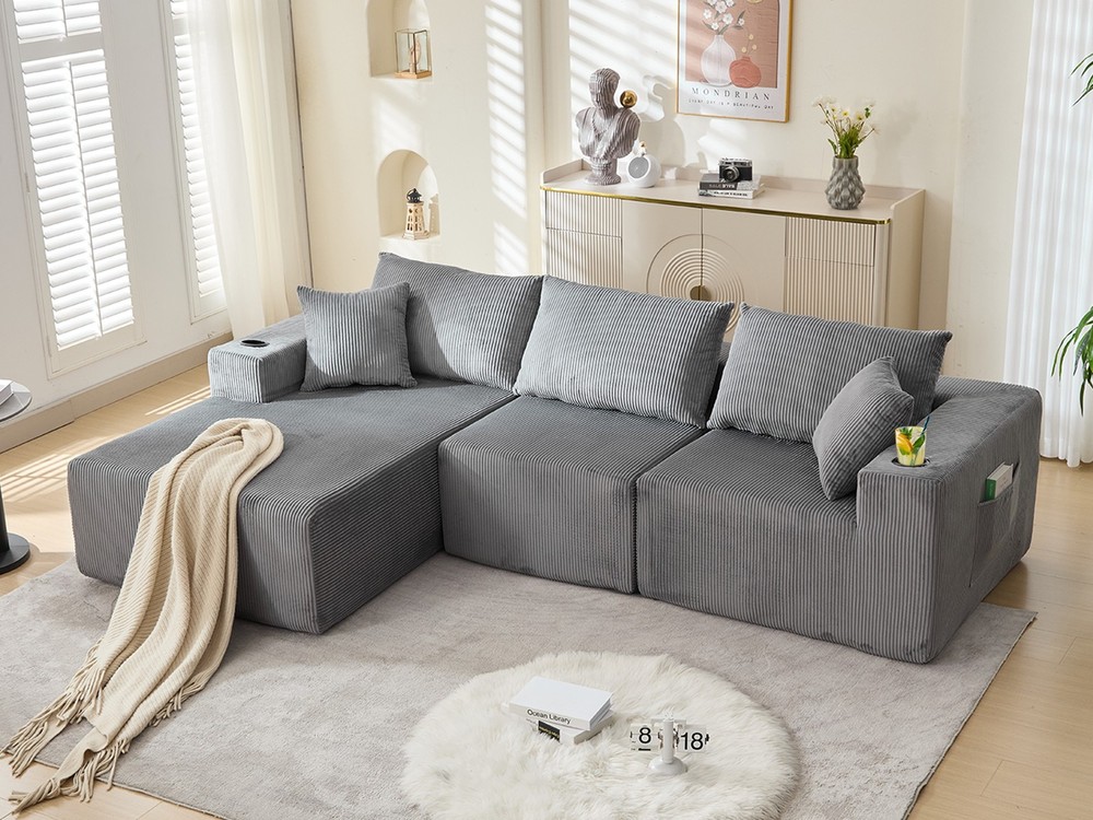 L Shaped Corduroy Sofa Cloud Couch Compression Boneless Sofas w/ 5 Throw Pillows