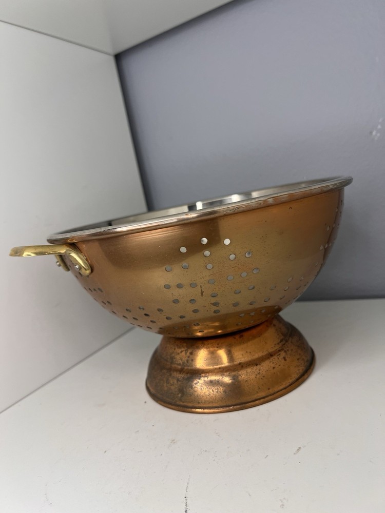 Vintage Copper Colander Tin Lined Brass Handles Footed Strainer Kitchen Decor