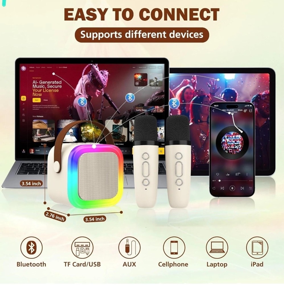 Wireless Mini Karaoke Machine 2 Microphones Bluetooth Speaker Lights