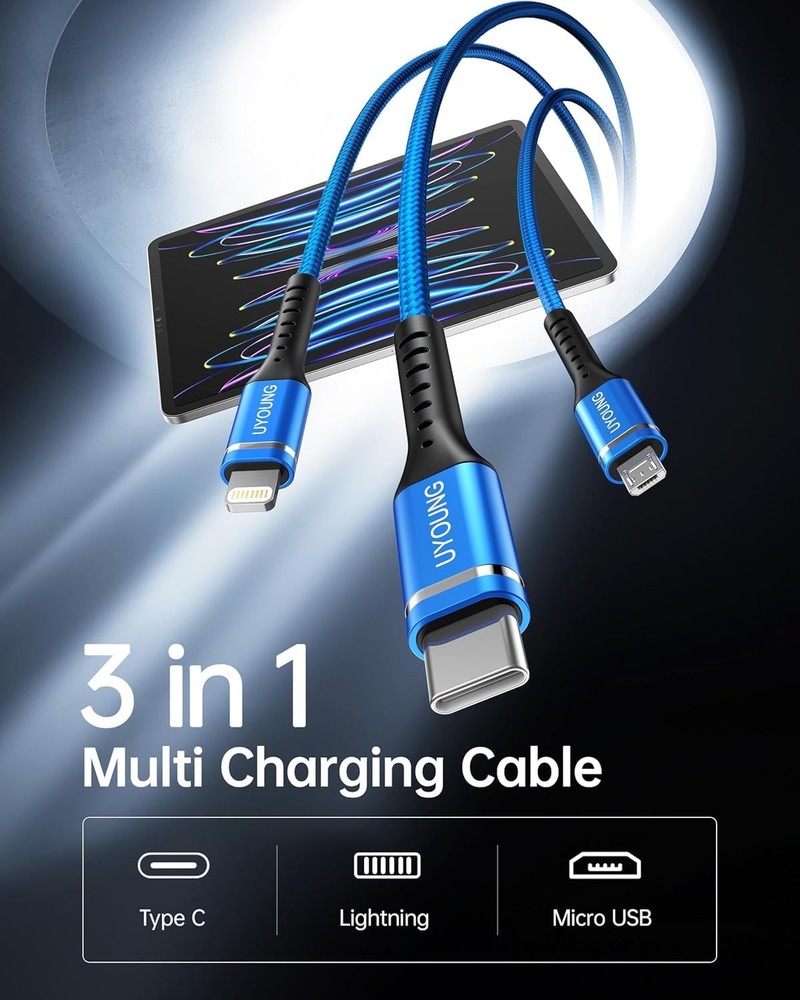 Multi Charging Cable 2Pack 10FT, 3 in 1 Charger Braided Blue