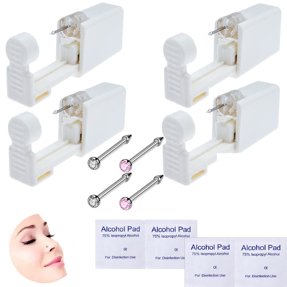 4-Pack Disposable Self Piercing Kit with Built-in Nose Studs, Very Safe Pierc...