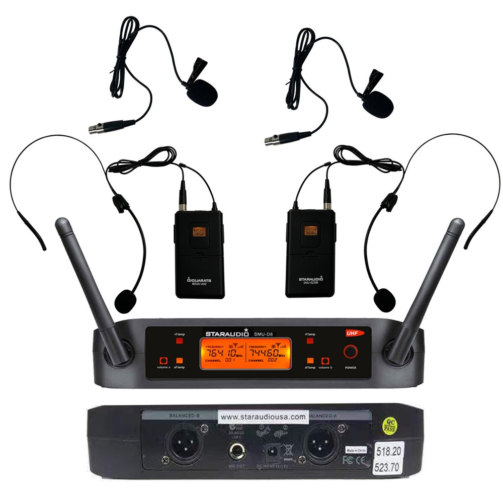 Headset Lavalier Bodypack Microphone Dual Channel Wireless UHF Microphone System