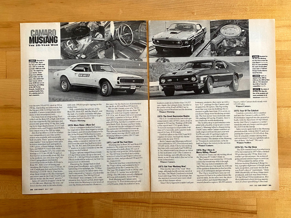 1992 Print Article Camaro vs Mustang 25 Year War