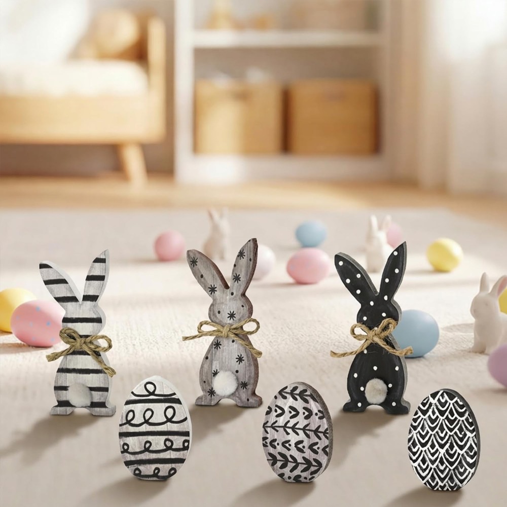 Smile Wooden Easter Block Decor Set 6-Piece Rustic Bunny & Egg Design Tabletop