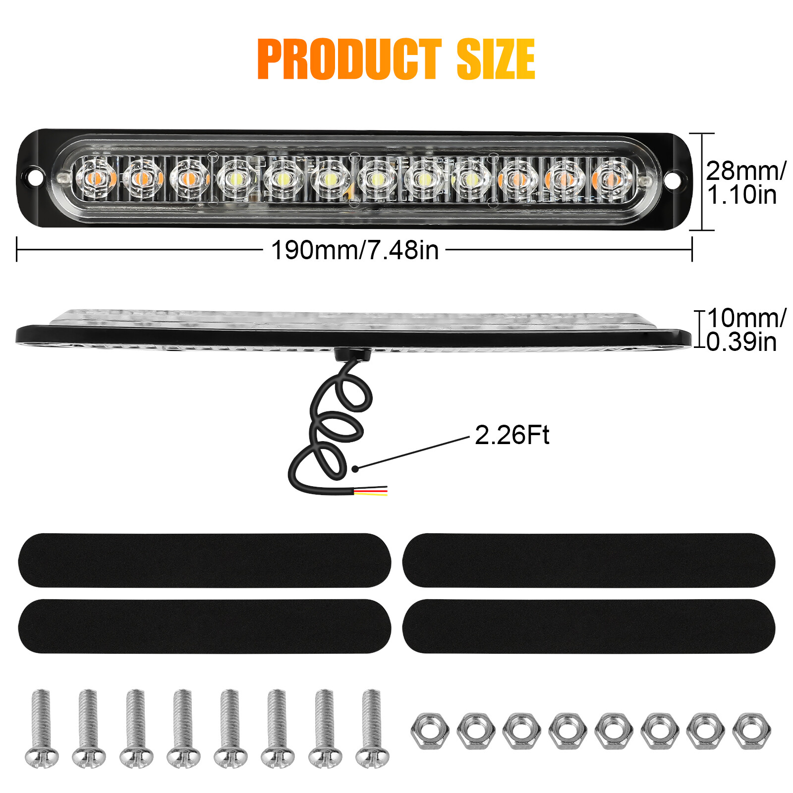4PCS Amber/White 12 LED Car Truck Strobe Light Bar Flashing Warning Hazard Lamps