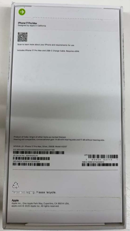 Original Apple iPhone 17 Pro Max Empty Box – Silver