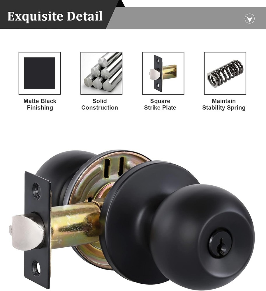 Lanwandeng Matte Black Door Knobs with Lock and Keys, 1 Pack, Entry Keys
