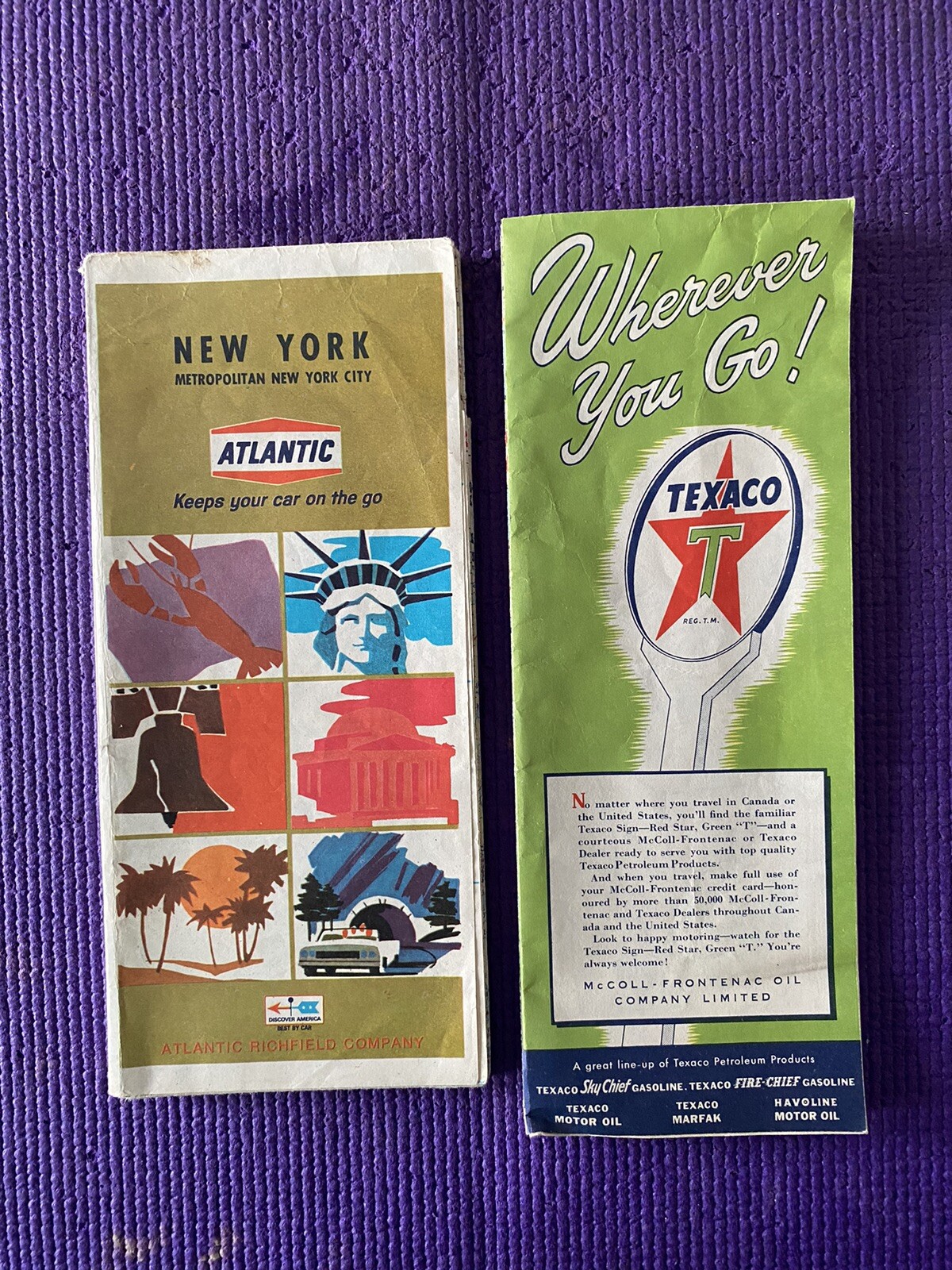Lot of (2) Vintage Road Maps Texaco and Atlantic New York, Ontario
