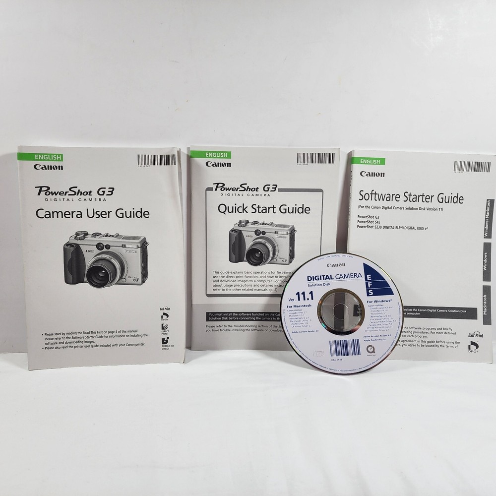 Canon PowerShot G3 Digital Camera User Guides Manuals, Software CD- English