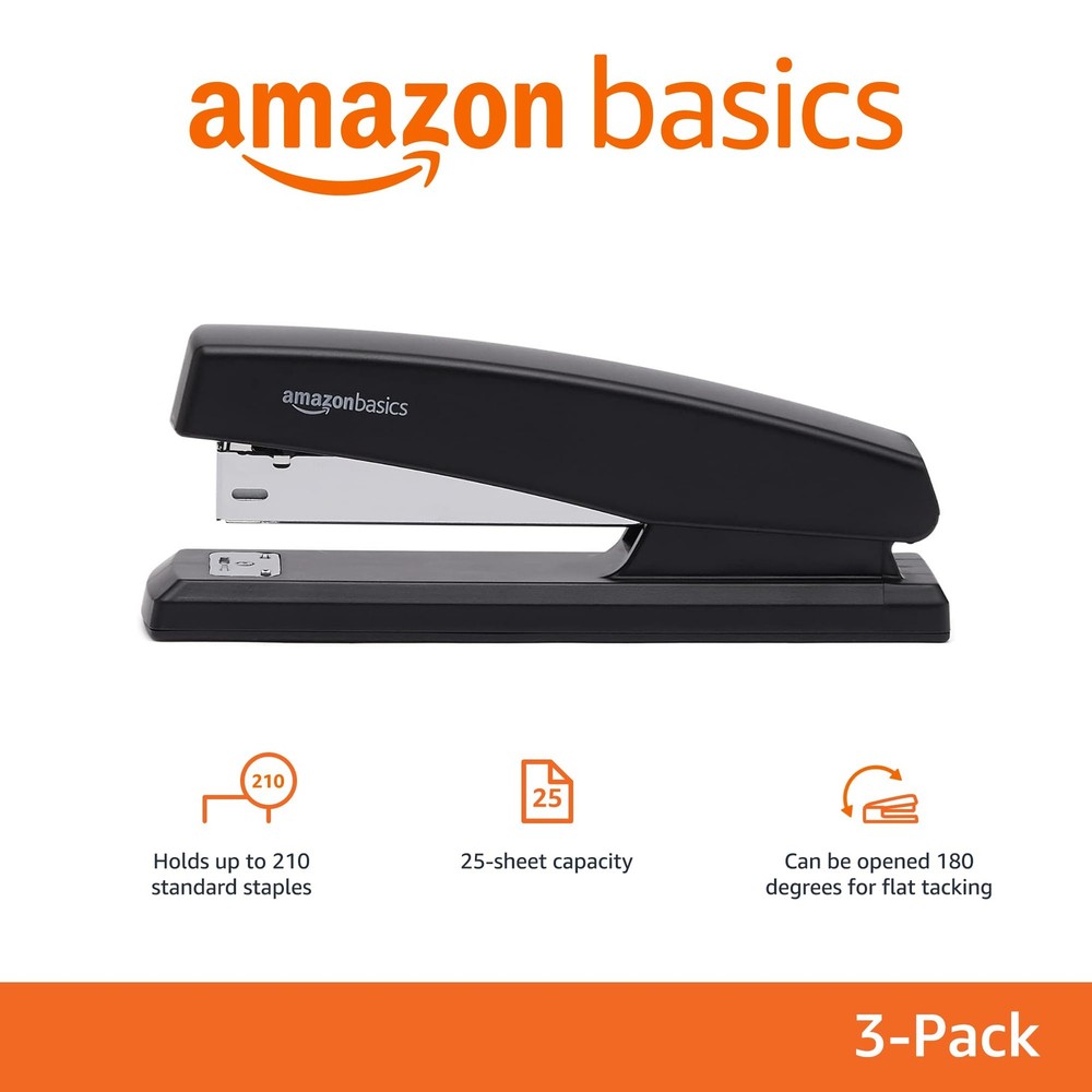 Amazon Basics Desktop Office Stapler, Lightweight, 25 Sheet 3-Pack, Black