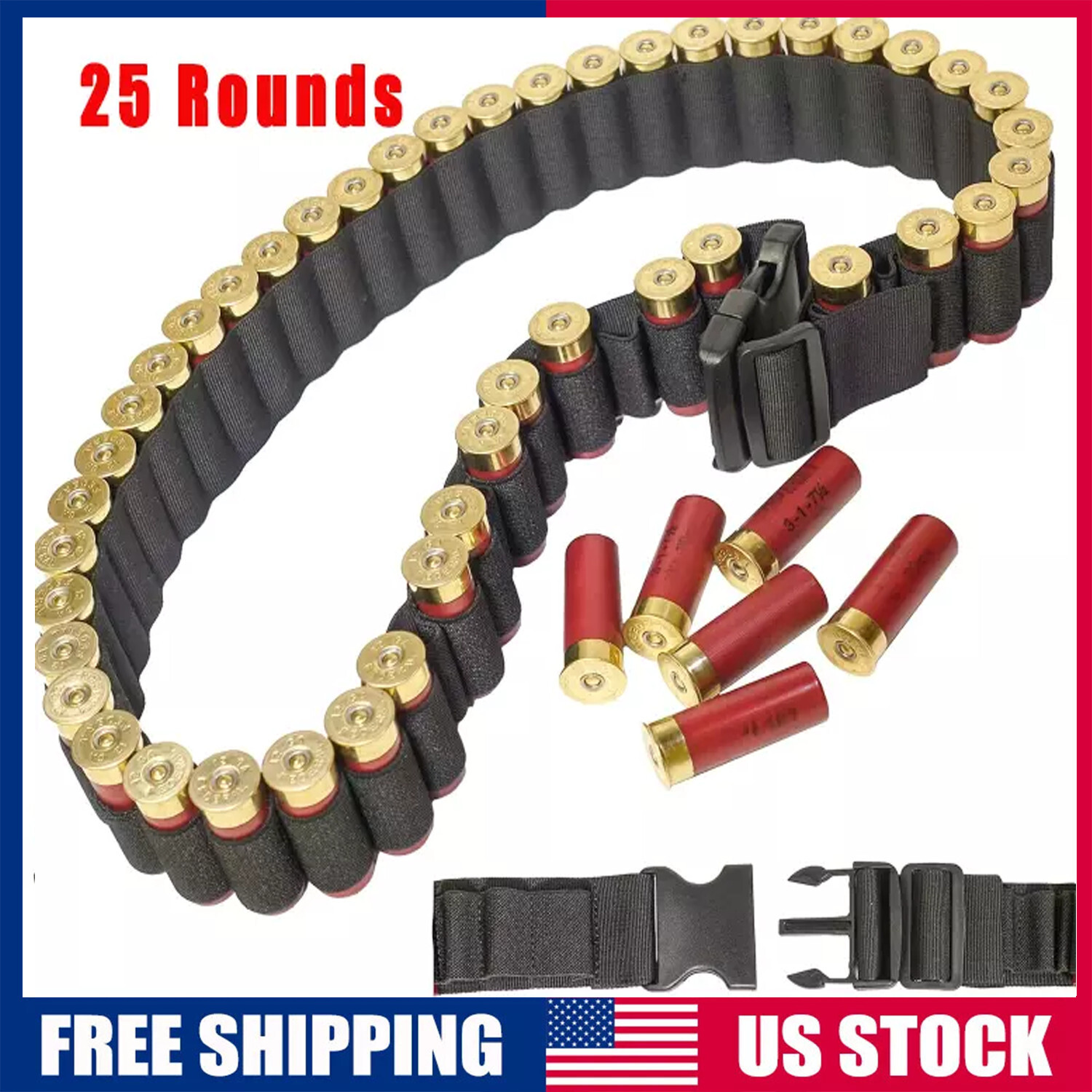 Shotgun Shell Holder 25 Shells 12/20GA Gauge Cartridge Ammo Bandolier Belt Black