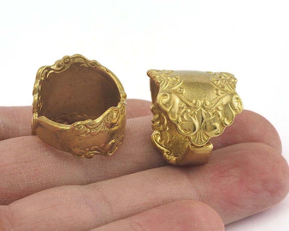 Spoon Ring Flower Patterned Raw Brass 7US Adjustable 3901