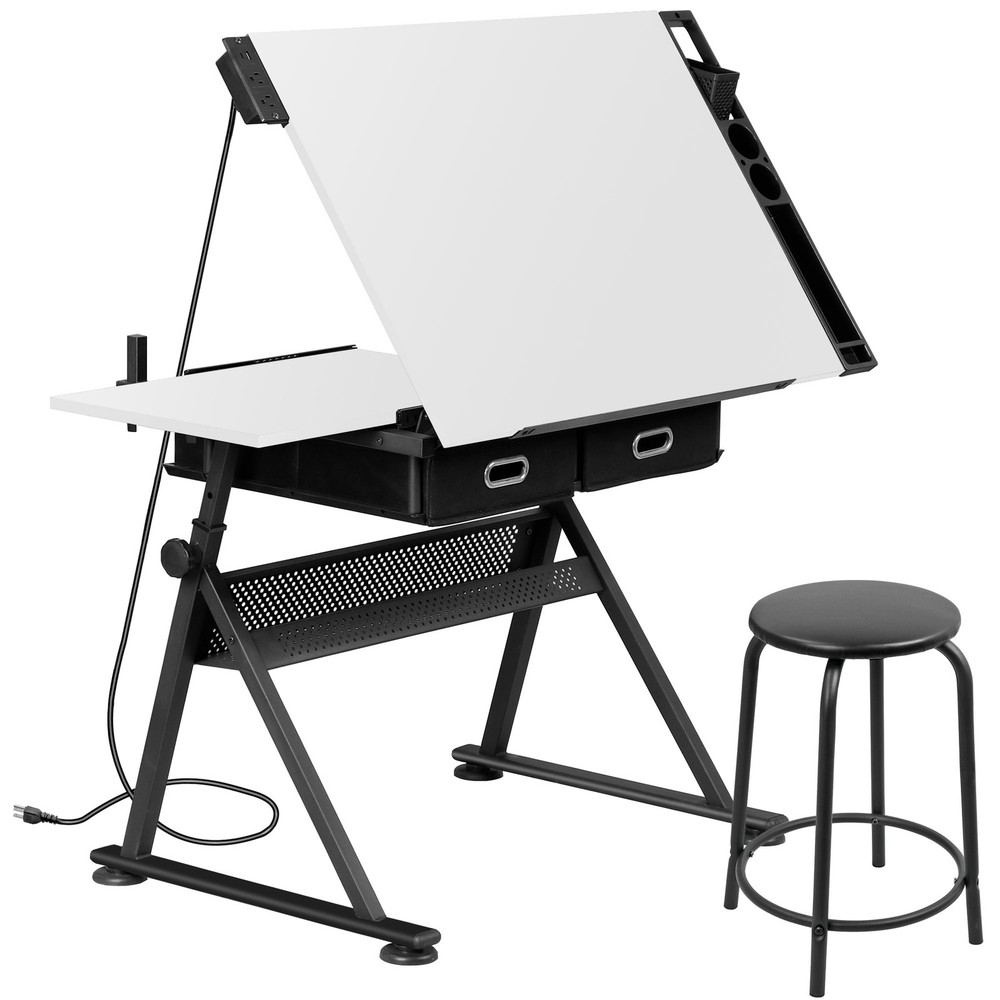 Drafting Drawing Table Adjustable Art Craft Desk w/Charging Station Stool White