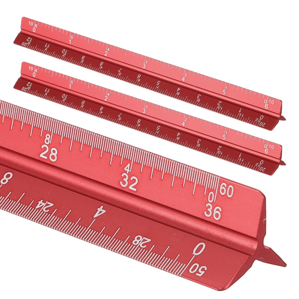 2 Pcs 7 Inch Imperial Architectural Triangular Scale Ruler Large Scale, Red