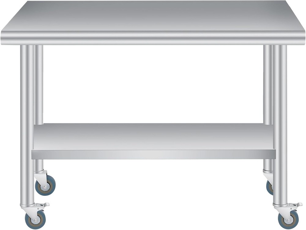 Stainless Steel Outdoor Kitchen Prep Table w/ Backsplash & 4 Locking Casters