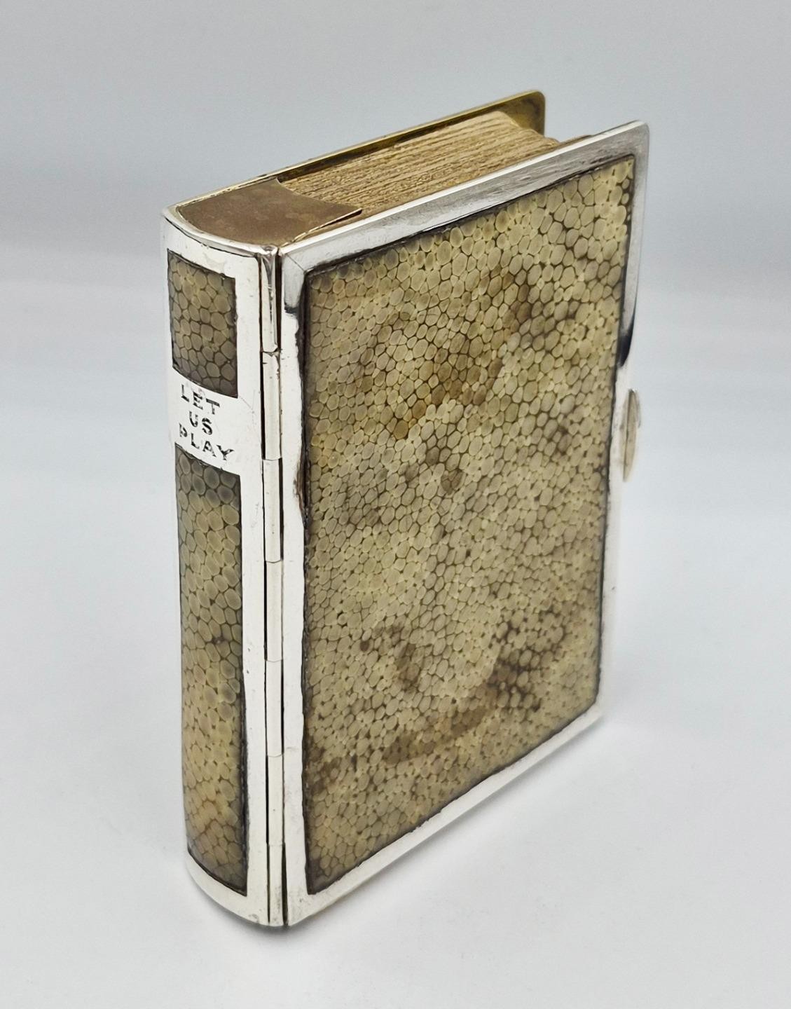 FINE NOVELTY SOLID SILVER & SHAGREEN "LET US PLAY" BOOK PLAYING CARD CASE c1910