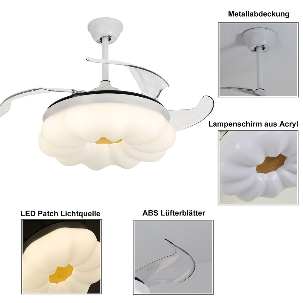 42In LED Arcs Cloud Shape 4 Blades Retractable Ceiling Fan Light+Remote Control
