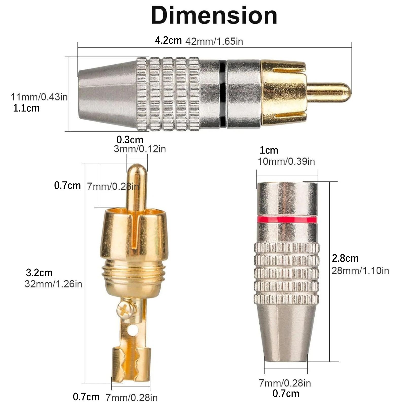 42mm RCA Male Plug Solderless Gold Audio Video Cable Adapter Connector Speaker