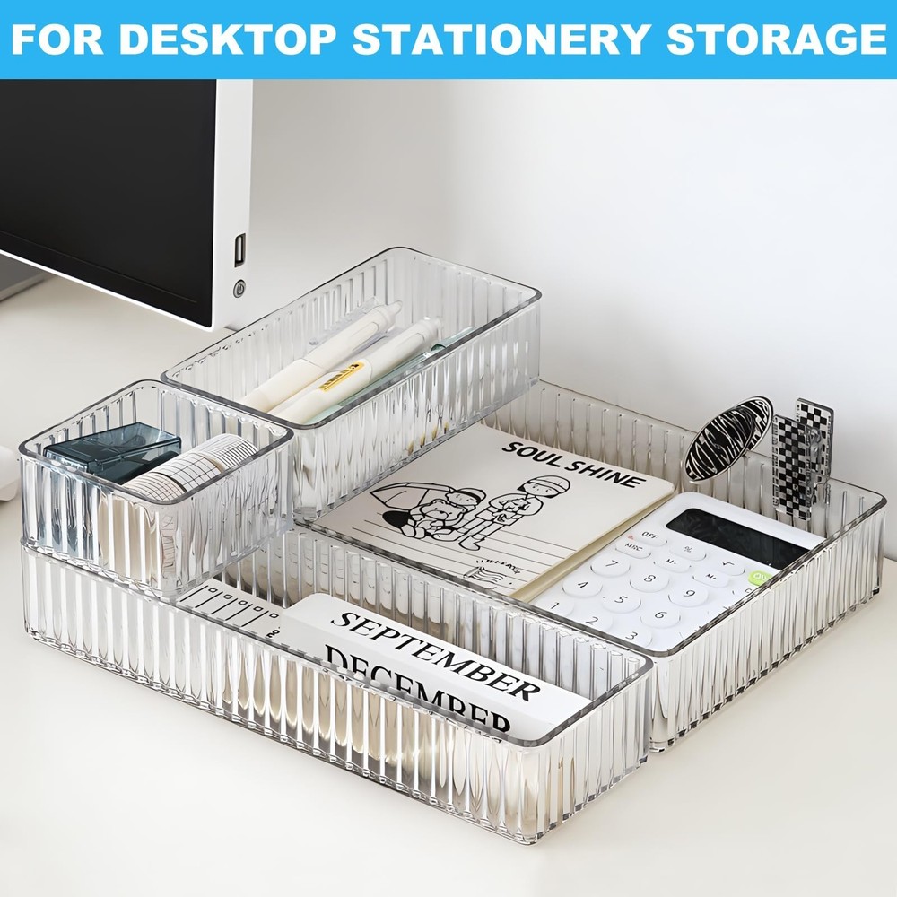 HOTOOLME 7PCS Clear Drawer Organizers Bins, 4 Size Stackable Makeup Drawer Or...