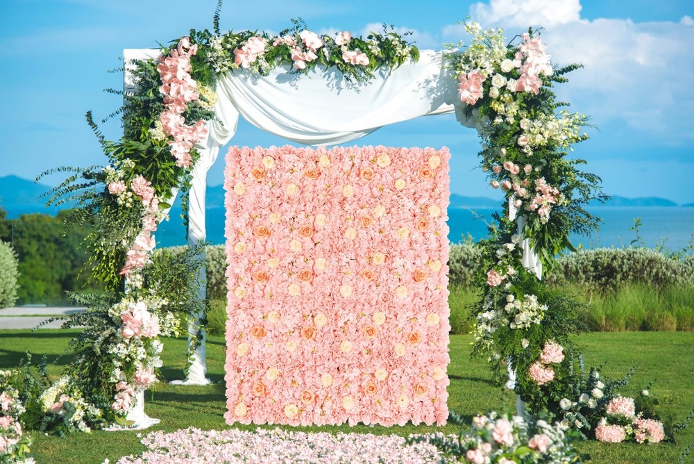 Artificial Flower Wall 5ftx3.74ft Peach Floral Backdrop Wedding Wall Panel Fa...