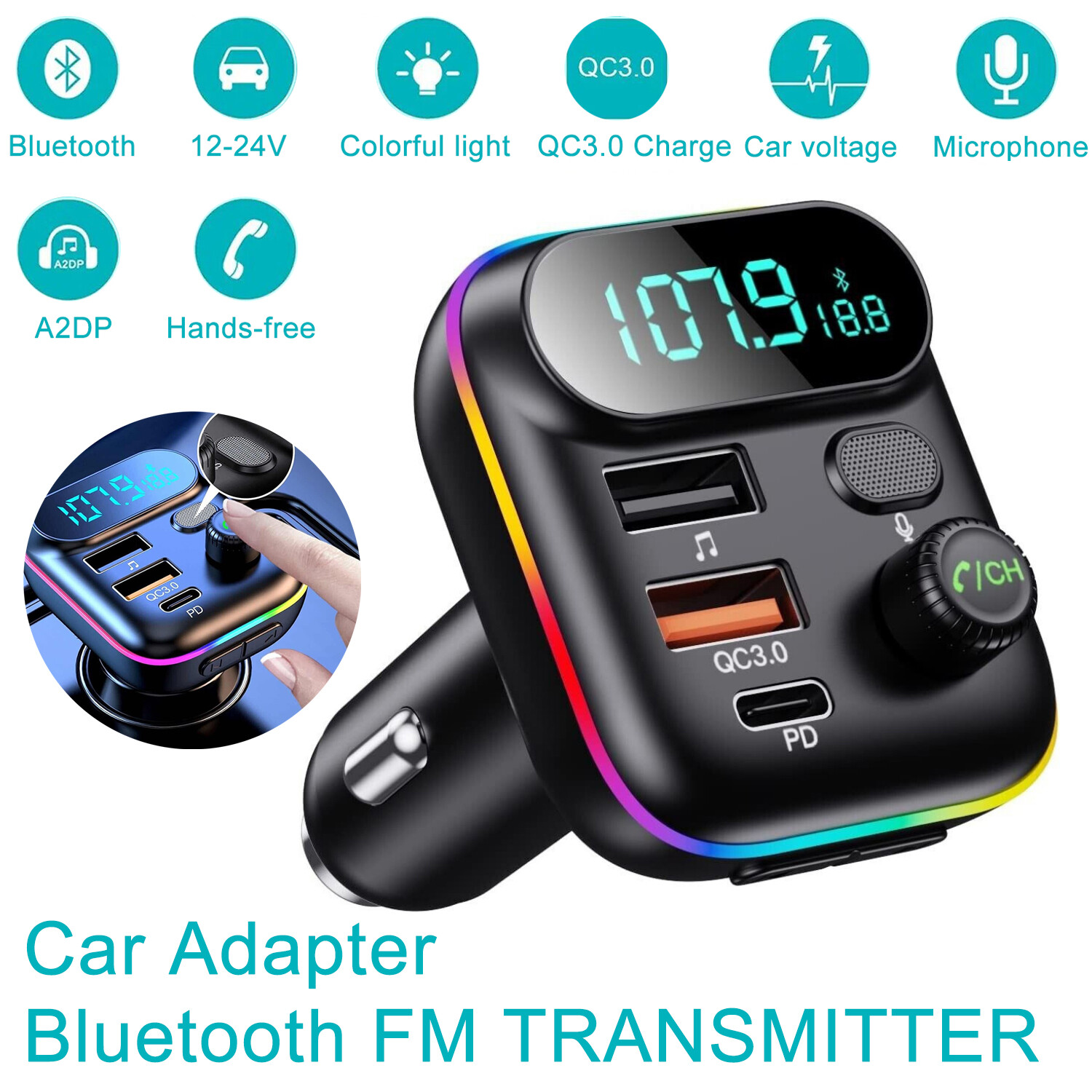 Bluetooth5.0 Car Adapter FM Transmitter USB AUX Radio Handsfree MP3 Music Player