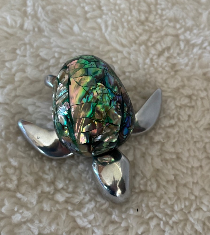 TURTLE FIGURINE MADE FROM ABALONE SHELL & STAINLESS 2”