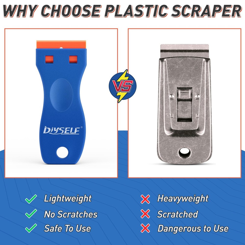 DIYSELF 2 Pack Plastic Razor Blade Scraper, Extra 100Pcs Blue