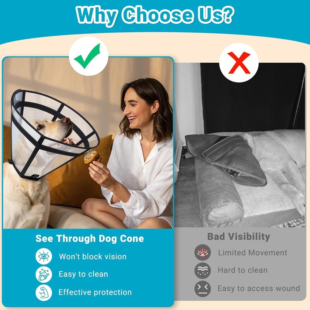 Dog Cone, Transparent Recovery Collar for Large Medium Small Pets, Adjustable...