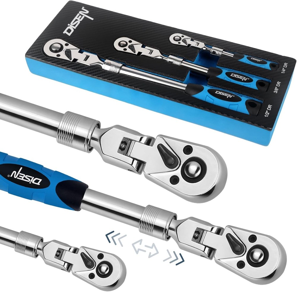 3-Piece Extendable Flex-Head Ratchet Wrench Set with EVA Storage Case