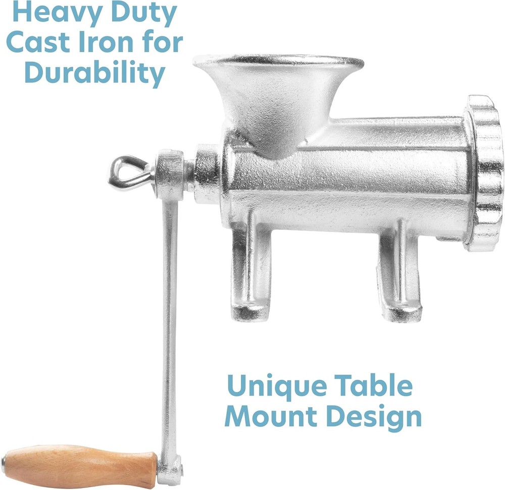 Cast Iron Table Mount Meat Grinder- Manual Mincer Includes Two 3/4" Silver