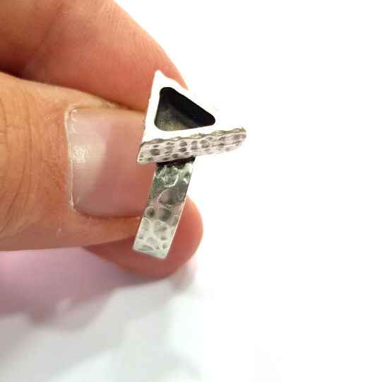 Hammered Triangle Blank Ring Setting Base Bezel Cabochon Antique Silver Brass