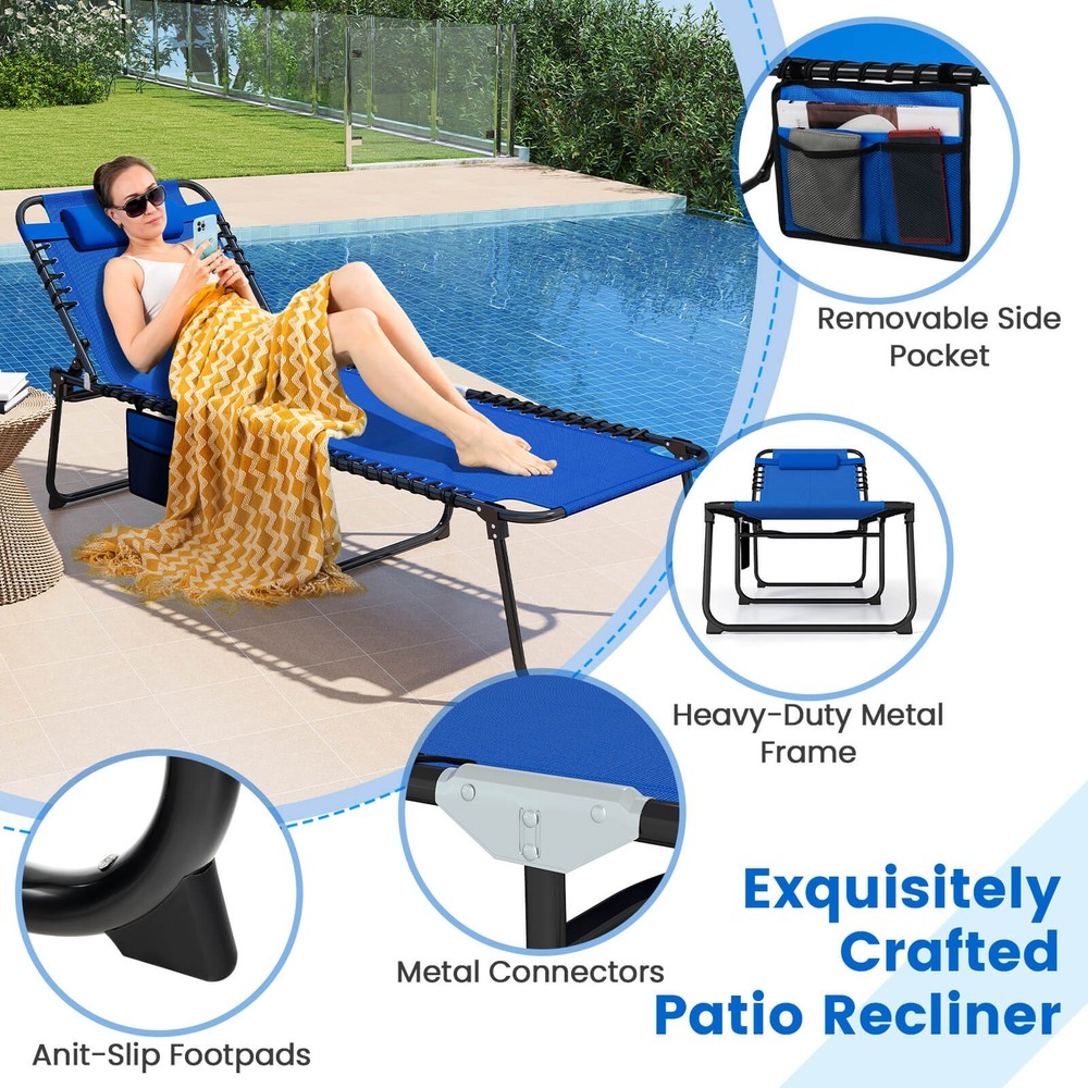 2PCS Oversize Folding Chaise Lounge w/ Adjustable Backrest Pillow Pocket