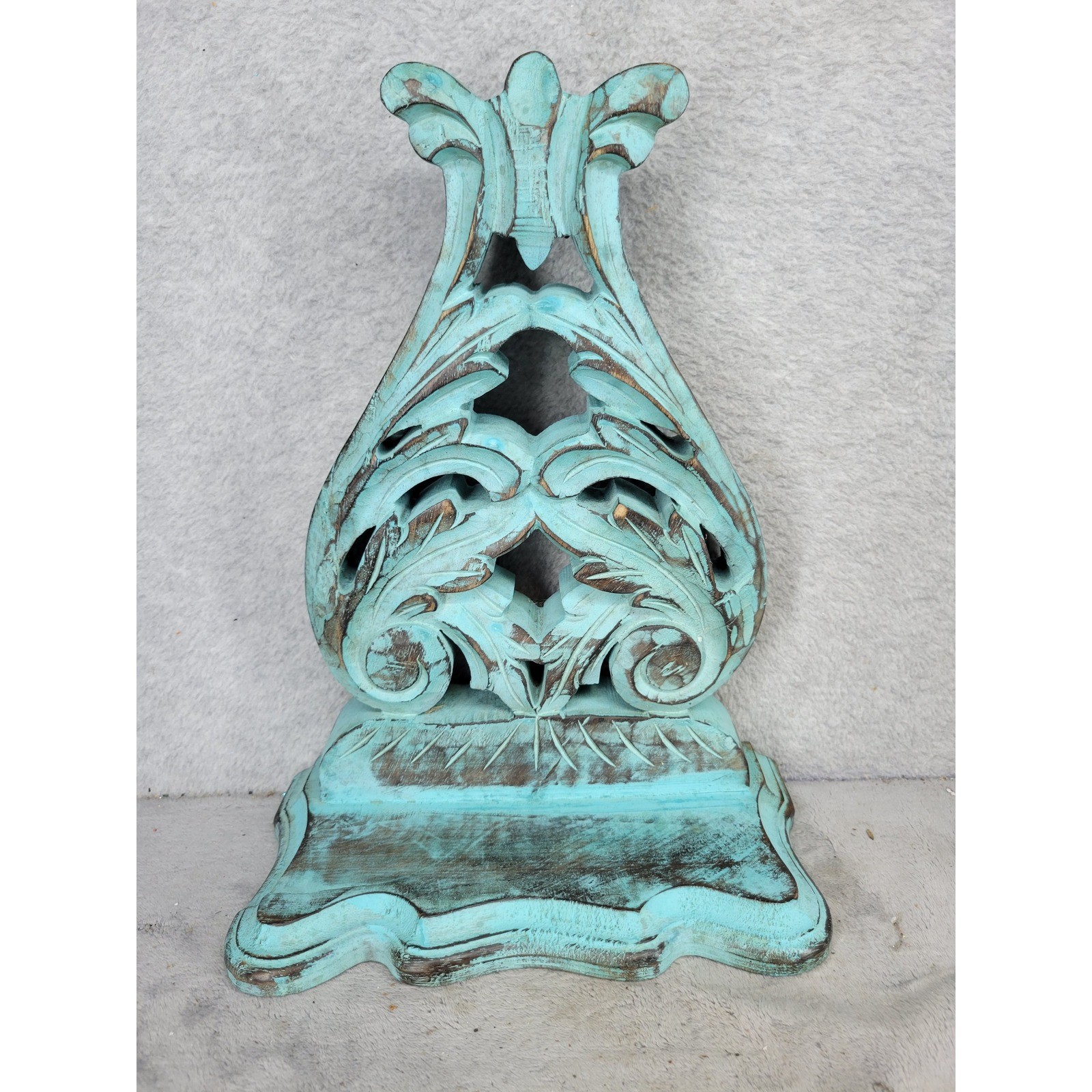 Set of 2 Ornate Carved Wooden Shelves Decor Accent Teal Distressed 13"