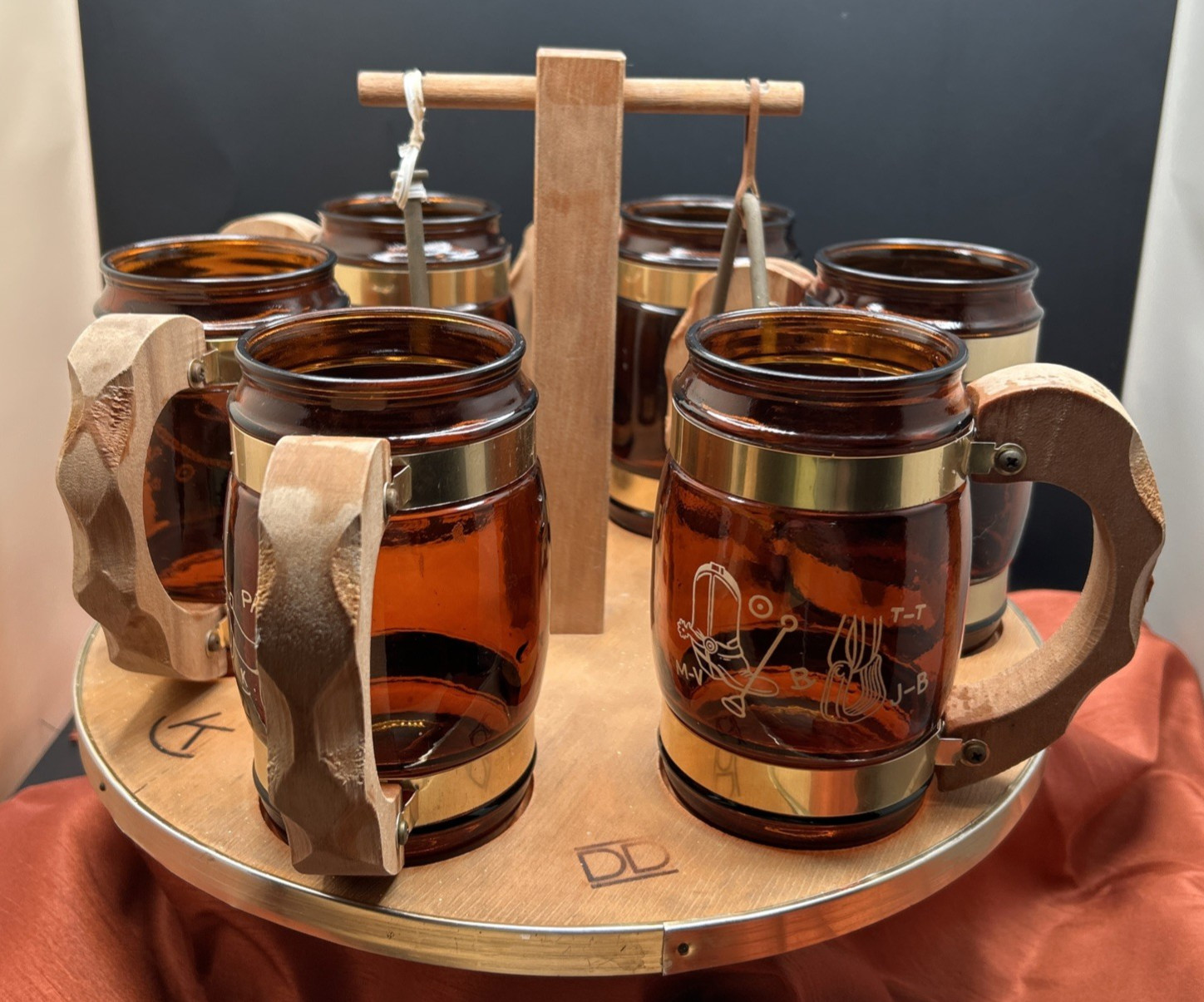 Vintage Siestaware Western / Wagon Wheel Bar Beverage Set with Caddy & Triangle