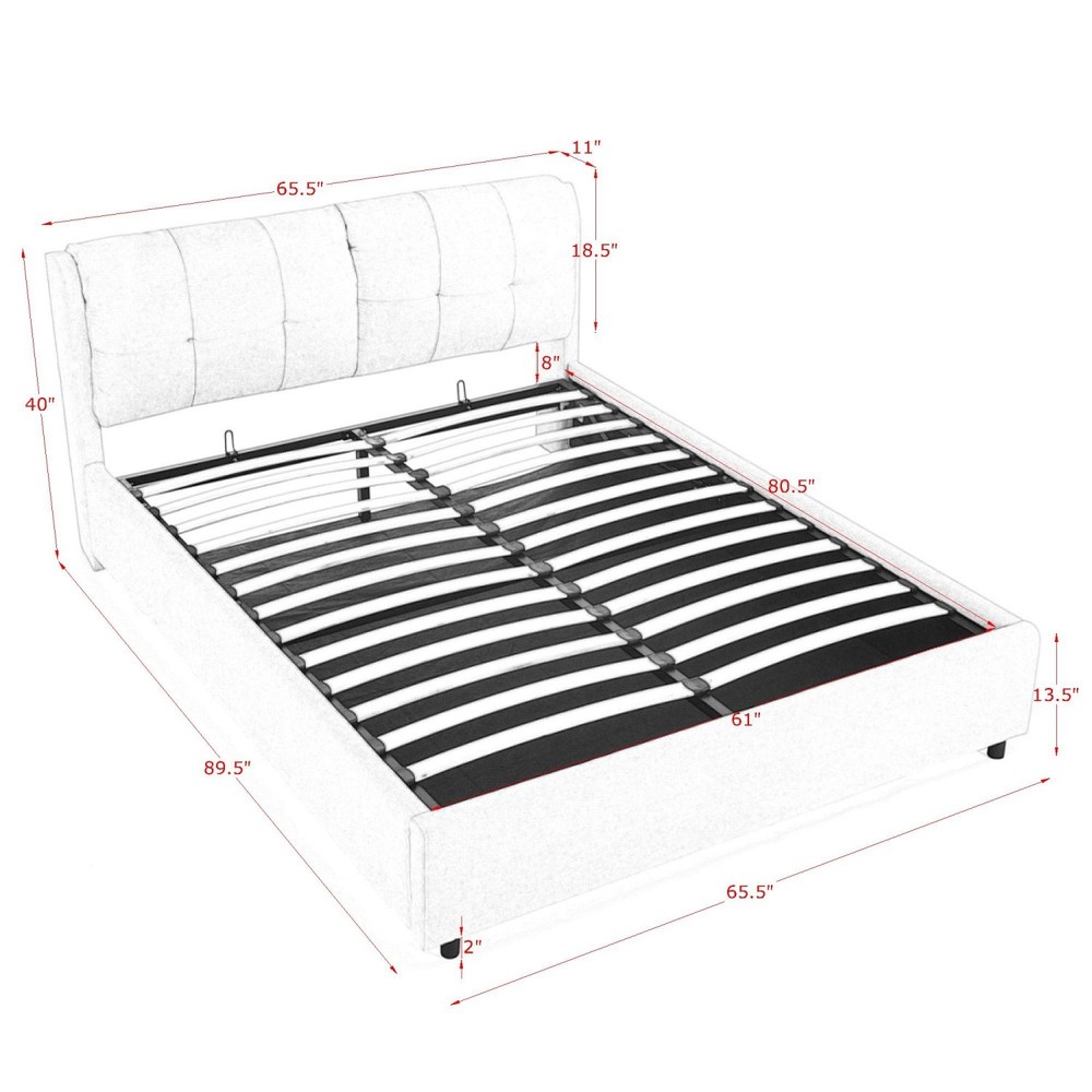 Queen Size Upholstered Platform Bed Frame with Hydraulic Storage White/Black