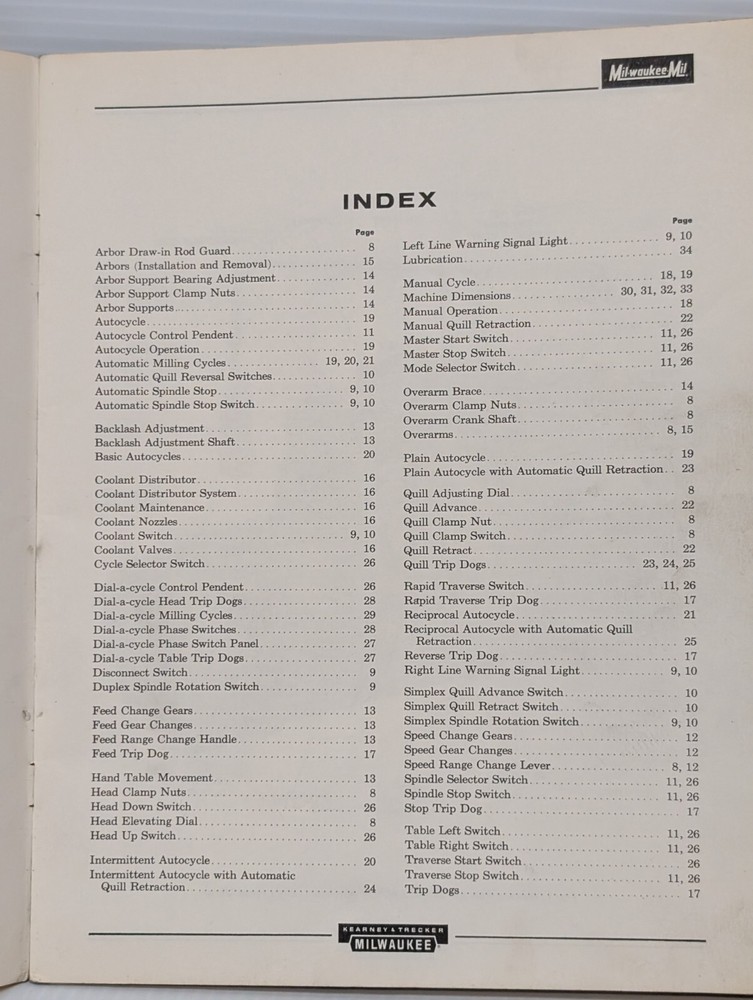 Kearney & Trecker Milwaukee No. MWC-65 Operator's Reference Manual, Mill Machine